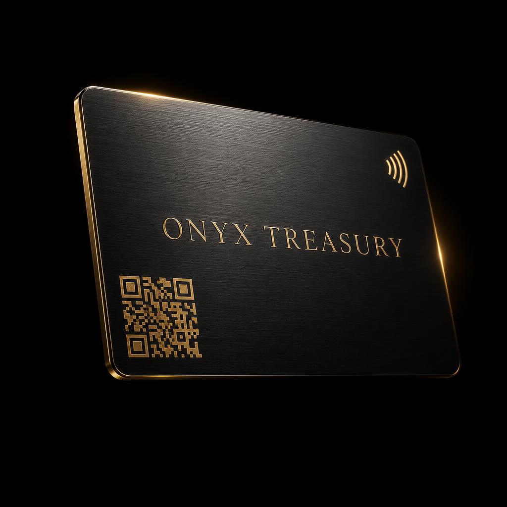 Onyx Treasury Card — black metal with engraved gold QR and NFC